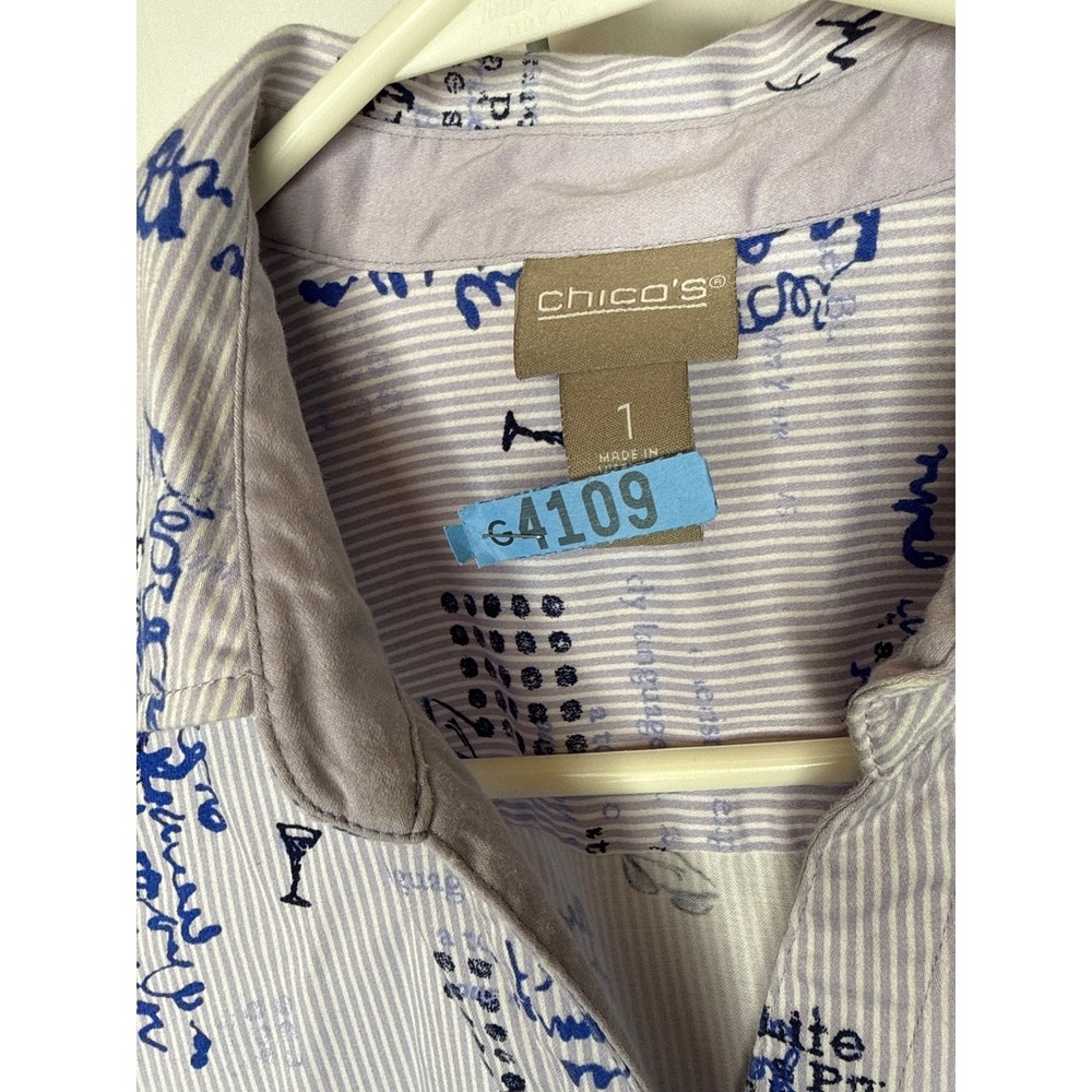 Chico's Novelty Print Striped Button Down‎ Long Sleeve Shirt